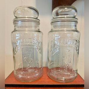 1981 Planters Peanuts 75th Anniversary Glass Jar Mr. Peanut embossed. Set 2